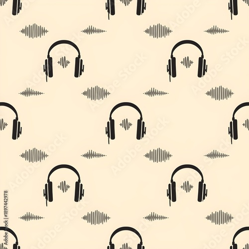 Seamless pattern featuring headphones and sound waves on a light beige background in a repeating design Generative Ai