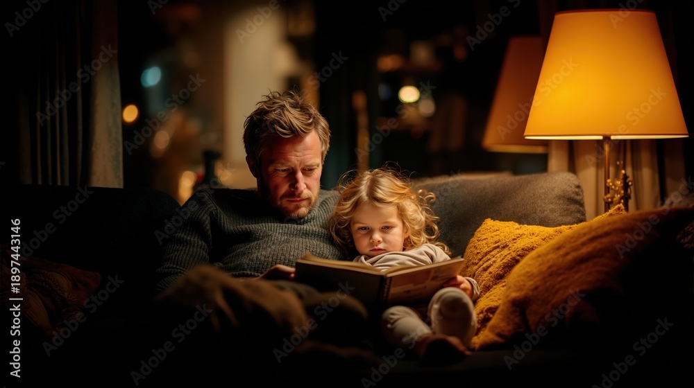 Fototapeta premium Father and child reading together on sofa at night with cozy warm lighting at home