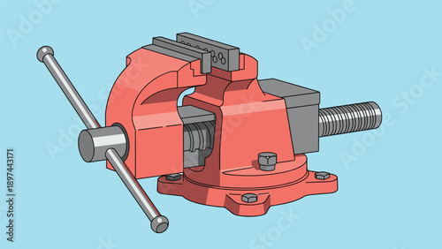 Heavy duty industrial red bench vice with a metal screw and handle shown against a solid light blue background for workshop themes.