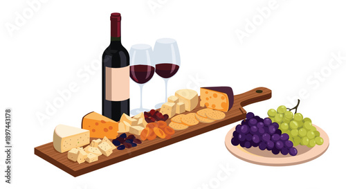Elegant charcuterie board with various cheeses, crackers, fruits, and a bottle of red wine, perfect for a gourmet tasting.