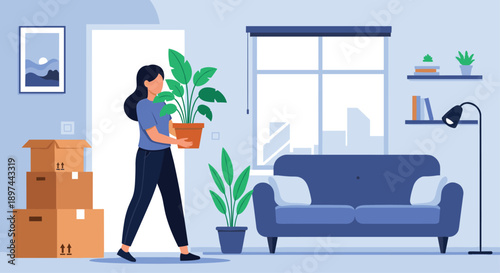Young woman carrying a houseplant into her new apartment, with moving boxes and modern furniture in the background.