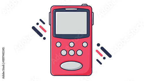 Simple flat illustration of a red handheld electronic device with a gray screen and five circular control buttons.