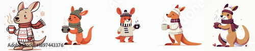 cute kangaroo vector winter drinking coffee
