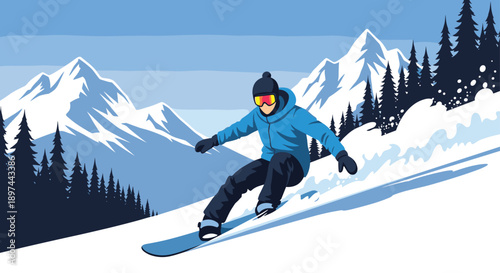 Snowboarder in a blue jacket and goggles carving down a snowy mountain slope with pine trees and peaks in the background.