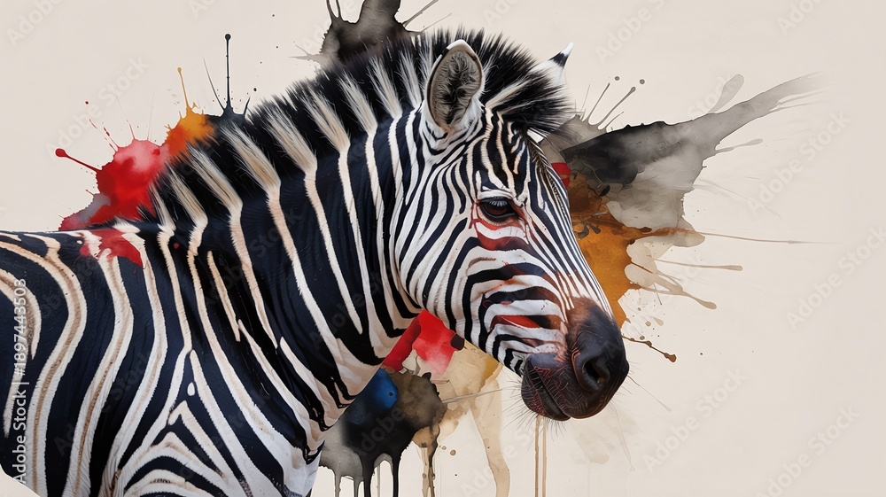 Obraz premium Abstract Zebra Portrait with Artistic Ink Splatter Background Symbolizing Rare Disease Awareness and Medical Patient Uniqueness Concept