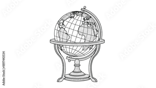 Vintage world globe mounted on a decorative wooden stand shown in a detailed black and white stippled drawing style.