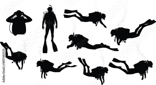  described features a series of black and white silhouettes of a scuba diver, showcasing the various activities and positions associated with scuba diving. Here’s a detailed breakdown of the elements: