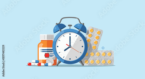 Alarm clock with medication, pills, and capsules, representing a reminder to take medicine on time for effective treatment.
