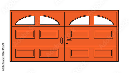 Modern orange double garage doors with arched top windows and metal handles shown in a simplified line art style.