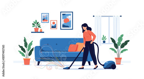 Woman cleaning her living room with a vacuum cleaner, doing household chores for a tidy and comfortable home.