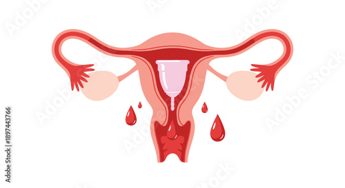 Anatomical illustration of a uterus with a menstrual cup inserted, showing a sustainable and reusable period product.