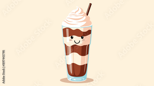 Adorable cartoon chocolate milkshake in a tall glass featuring a cute smiling face and topped with whipped cream and a drinking straw.