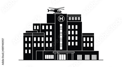 Black and white illustration of a hospital building with a helipad