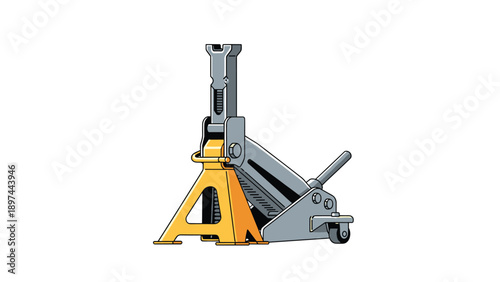 Combination of an orange car jack stand and a grey hydraulic floor jack used for automotive repair and maintenance on a white background.