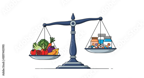 Balanced scale weighs healthy organic food like fruits and vegetables against a variety of pills, supplements, and medication.