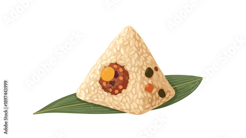 Traditional zongzi rice dumpling on a bamboo leaf showing the inner filling of meat and salted egg yolk for the dragon boat festival.