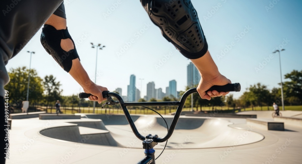 Obraz premium First-person view of a cyclist on a BMX bike at a skatepark, city skyline backdrop