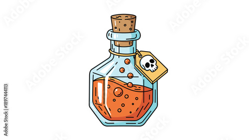 Octagonal glass bottle containing bubbling orange potion or poison with a skull icon on a parchment tag and a traditional cork stopper.