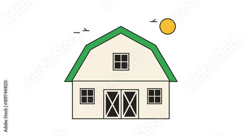 Minimalist illustration of a white barn with a green roof under a bright yellow sun and flying birds representing farm and rural life.