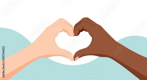 Diverse hands with different skin tones come together to form a heart shape, symbolizing unity, love, and racial harmony.