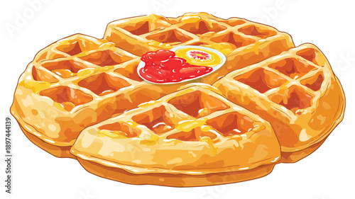 Delicious Waffle with Vibrant Red and Yellow Sticker, Vector Illustration