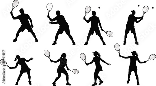  features eight black silhouette figures engaged in playing tennis, set against a white background. The silhouettes depict a range of dynamic poses that capture the action and energy of the sport.