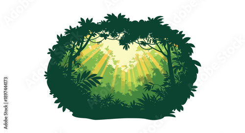 Lush jungle canopy frames a bright sunlit clearing with radiating light beams