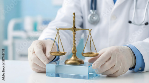 Doctor in white lab coat and gloves gently presents a brass justice balance scale in a bright medical setting symbolizing ethics fairness and precisio