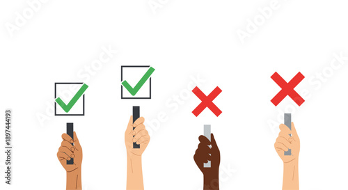 Diverse hands hold up signs with green check marks and red X marks to vote, give feedback, or show approval and disapproval.