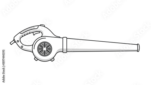 Handheld electric leaf blower illustration displays a sleek gray and white design with a long nozzle and ergonomic handle for yard work.