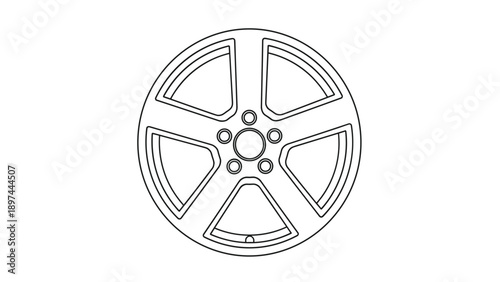 Technical line drawing of a car rim shows a five spoke design with detailed outlines of the bolt holes and central hub for automotive parts.