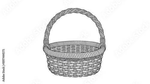Empty wicker basket illustration features detailed weaving patterns and a sturdy curved handle on a clean white background for storage.