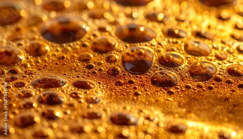 Close-up Macro Shot of Golden Beer Foam Bubbles and Liquid.