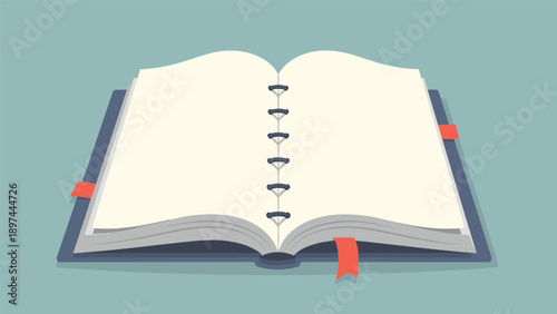 Open binder with blank pages and red bookmarks lies flat on a blue background ready for notes, sketching, or organizing daily tasks.