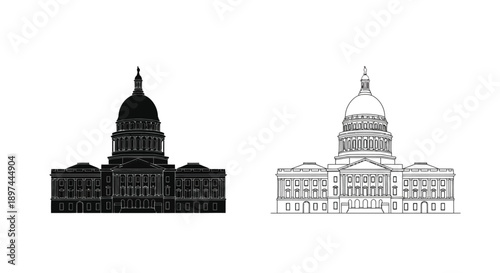 Two depictions of a state capitol building one black and one white