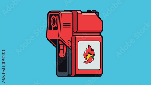 Red handheld device with a trigger and a flaming chili pepper icon appears to be a specialized self defense or law enforcement tool.