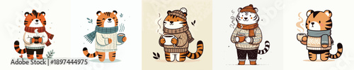 Cute winter Tiger vector drinking coffee
