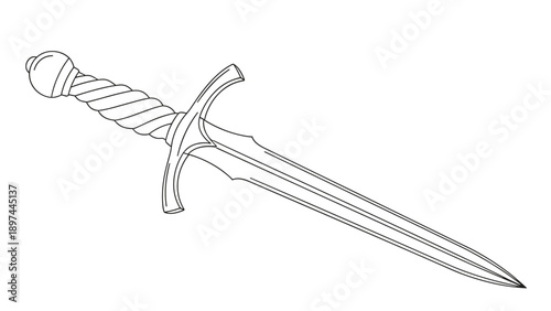 Outline of a medieval dagger or short sword with a twisted handle and decorative guard isolated on white for coloring.