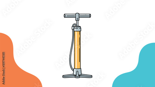 Vertical floor pump for bicycle tires with a long hose and wooden handle positioned between orange and blue shapes.