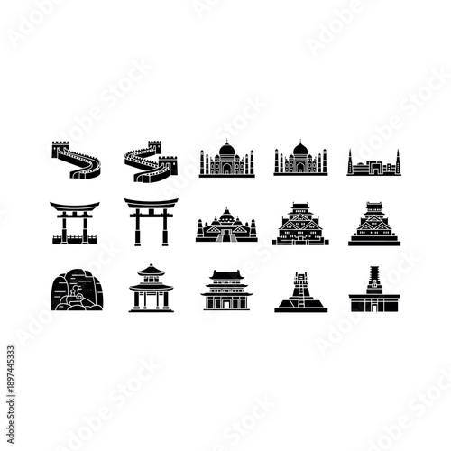 Illustrations of famous landmarks and monuments worldwide in a digital artwork collection.
