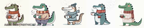 cute crocodile vector winter drinking coffee