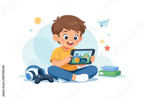 Boy playing on tablet with game controller and books, flat vector illustration