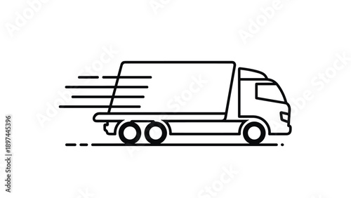Line art icon of a speeding delivery truck with motion lines to indicate fast shipping and logistics services.
