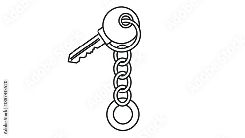 Line art of a single metal key attached to a ring and chain representing security, access, or house ownership.