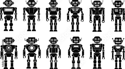 Vector illustration set of retro robot silhouettes and cute vintage android characters featuring mechanical technology and futuristic machine icons for a fun science fiction character design