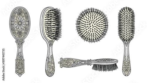 Collection of ornate vintage hairbrushes with detailed carvings on the handles and various bristle arrangements.