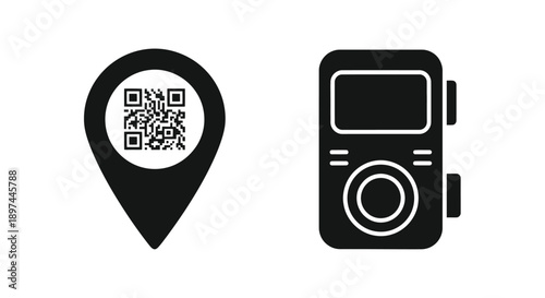 Black icons depicting a location pin with qr code and a digital camera