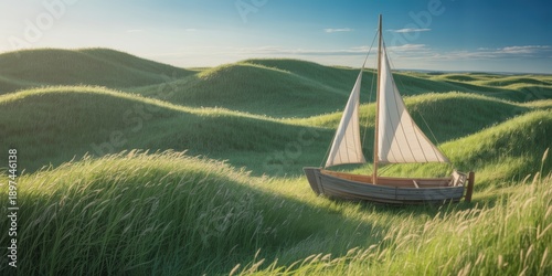 Surreal sailboat in green grass waves serene landscape with sunlight creative fantasy nature background conceptual art