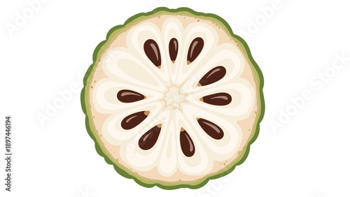 Cross section of a ripe custard apple showing its characteristic black seeds and creamy white flesh on a white background.