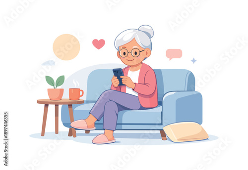 Elderly woman on couch using smartphone, flat vector illustration